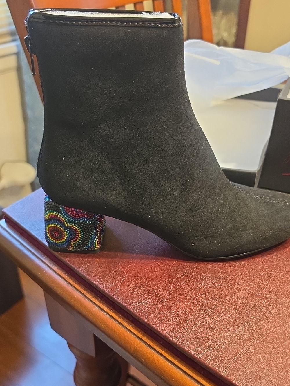 Betsey Johnson Black Suede Ankle Boot with Multicolor Beaded Block Heel